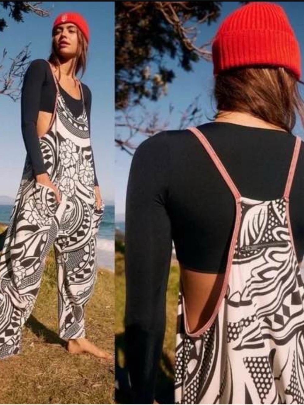 Free People Black & White Printed Wide-Leg Jumpsuit with Pink Trim